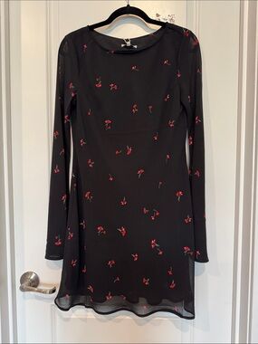 Black Long-Sleeve Floral Mini Dress with Red Rose Print